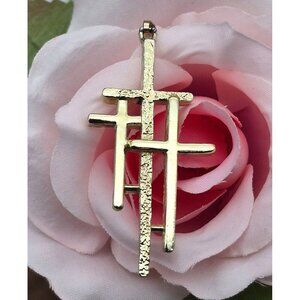 Beautiful 3 Cross 2" Pendant in Textured & Smooth Gold Tone Religious Gift
